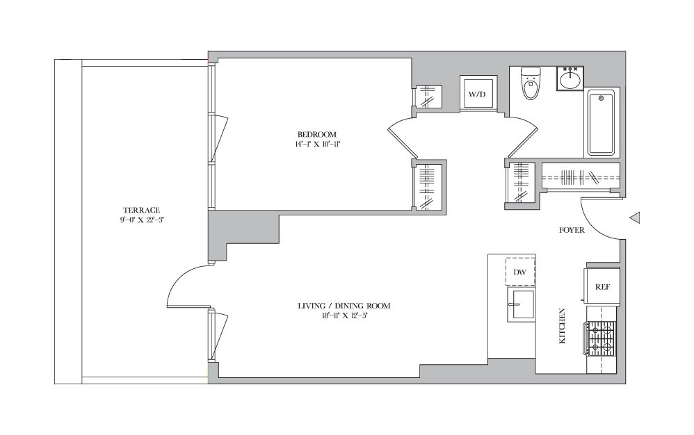1B-11 - 1 bedroom floorplan layout with 1 bath