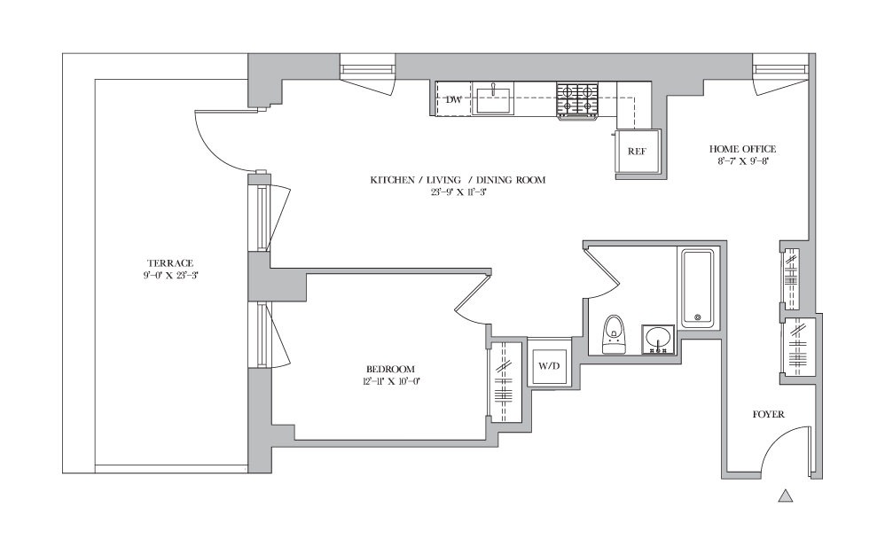 1B-12 - 1 bedroom floorplan layout with 1 bath
