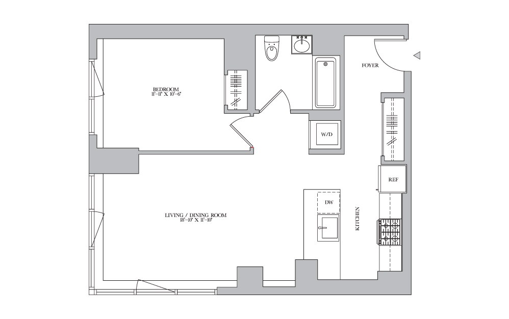 1B-13 - 1 bedroom floorplan layout with 1 bath