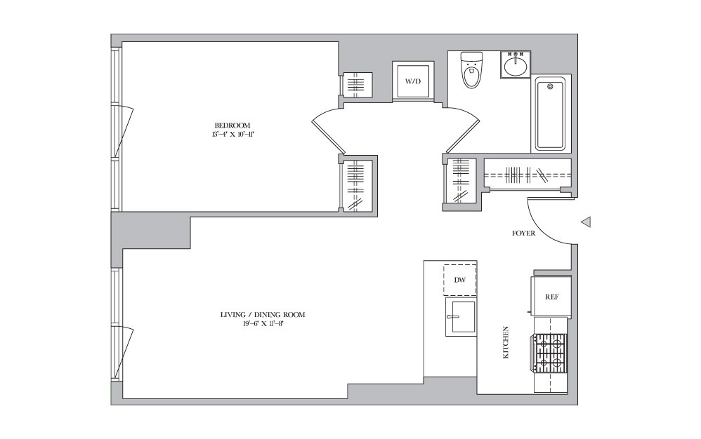 1B-14 - 1 bedroom floorplan layout with 1 bath