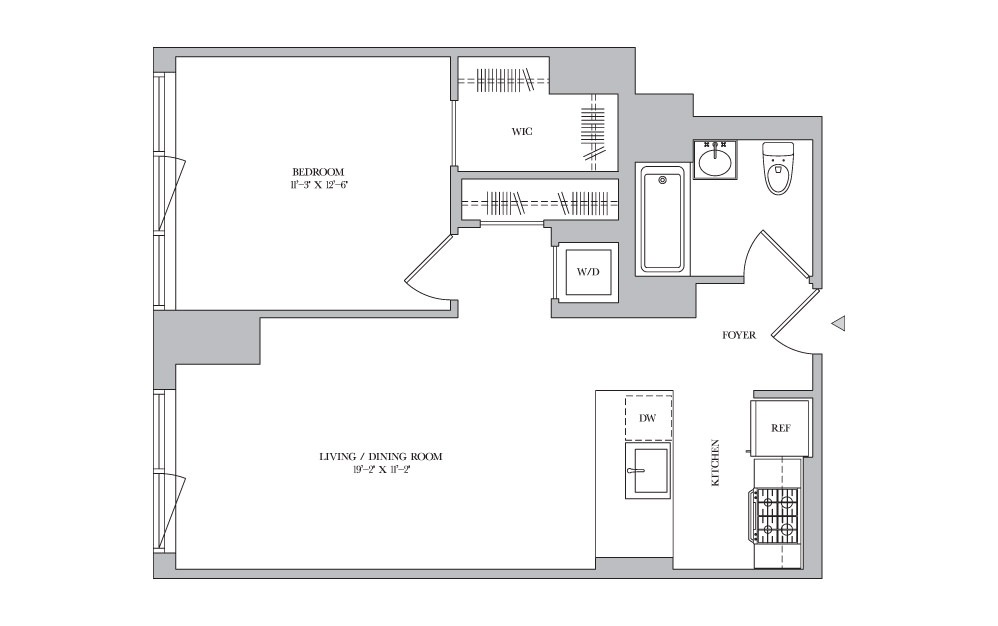1B-16 - 1 bedroom floorplan layout with 1 bath