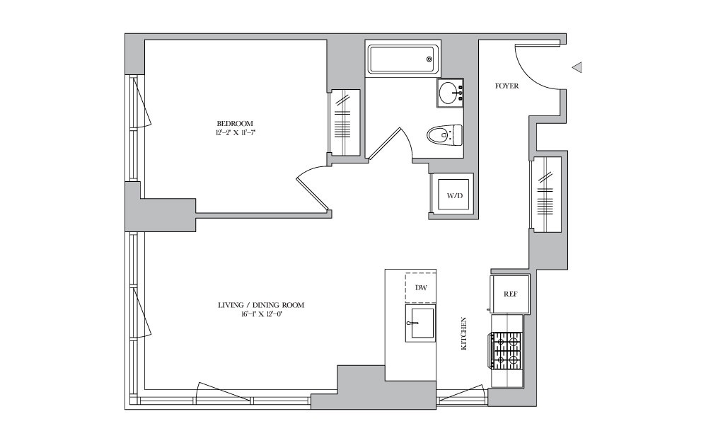 1B-17 - 1 bedroom floorplan layout with 1 bath