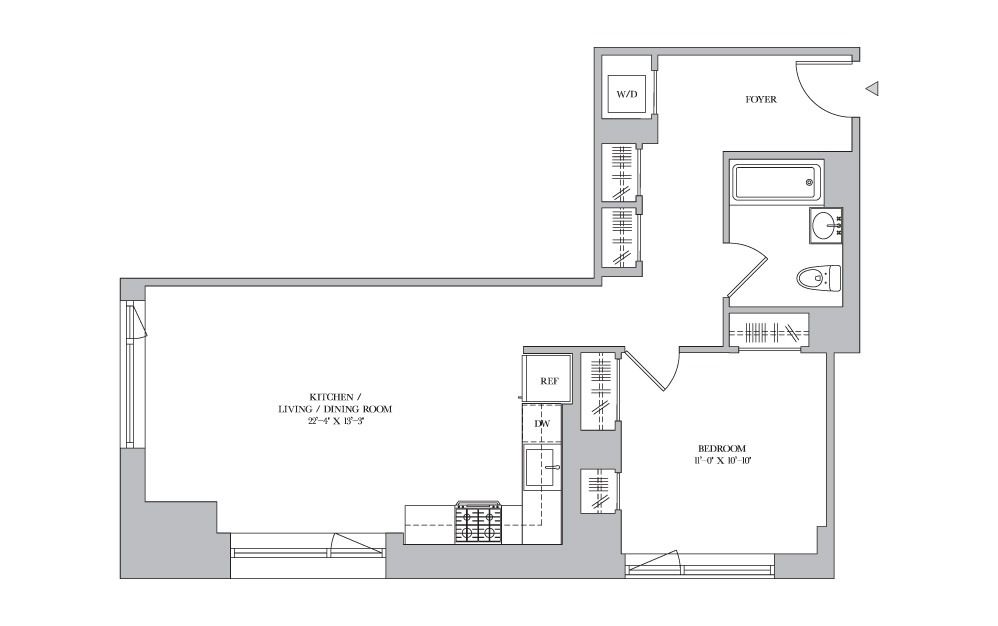 1B-2 - 1 bedroom floorplan layout with 1 bath