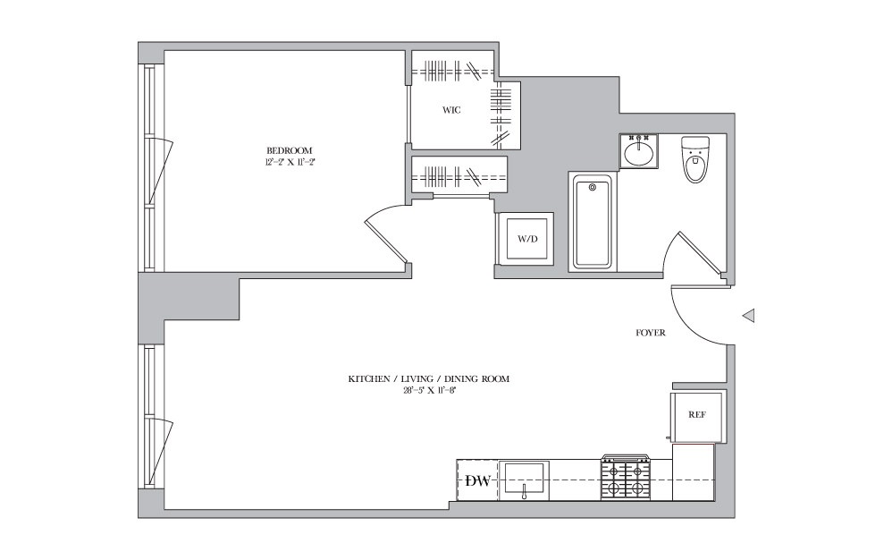 1B-24 - 1 bedroom floorplan layout with 1 bath