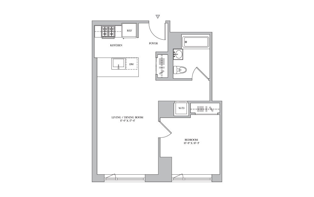 1B-6 - 1 bedroom floorplan layout with 1 bath