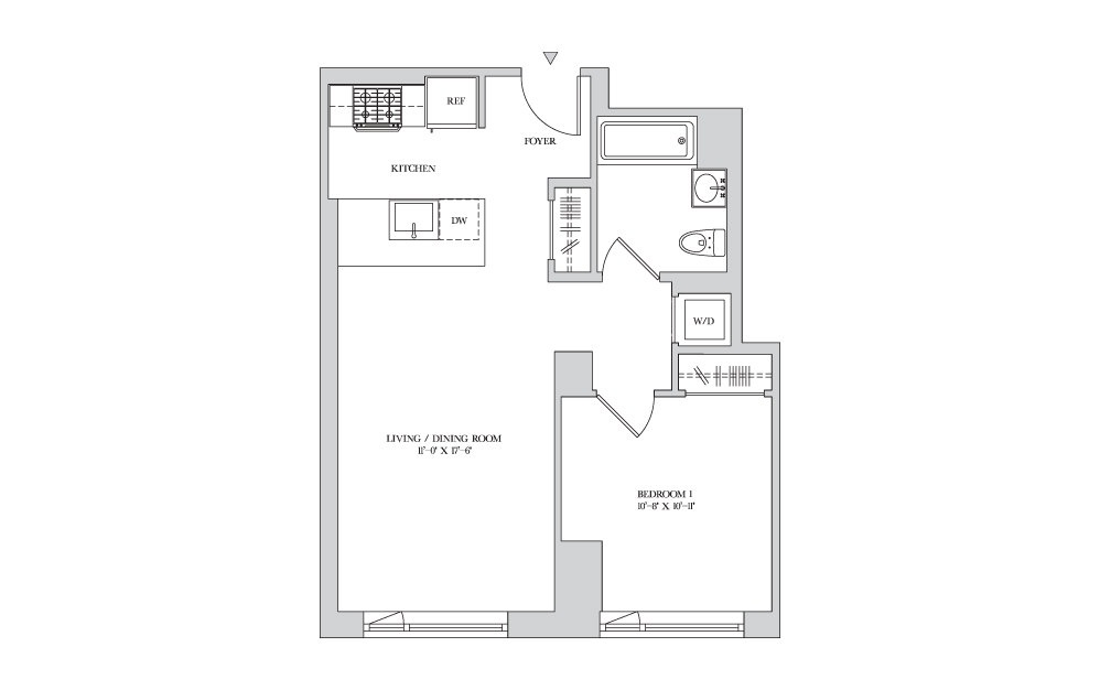 1B-8 - 1 bedroom floorplan layout with 1 bath