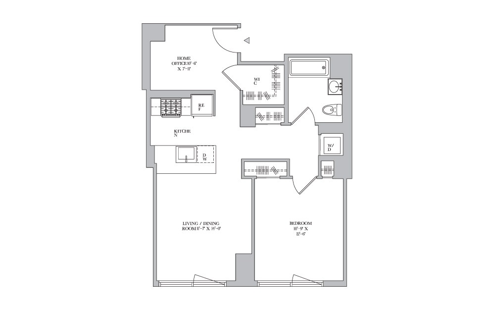 1B-9 - 1 bedroom floorplan layout with 1 bath