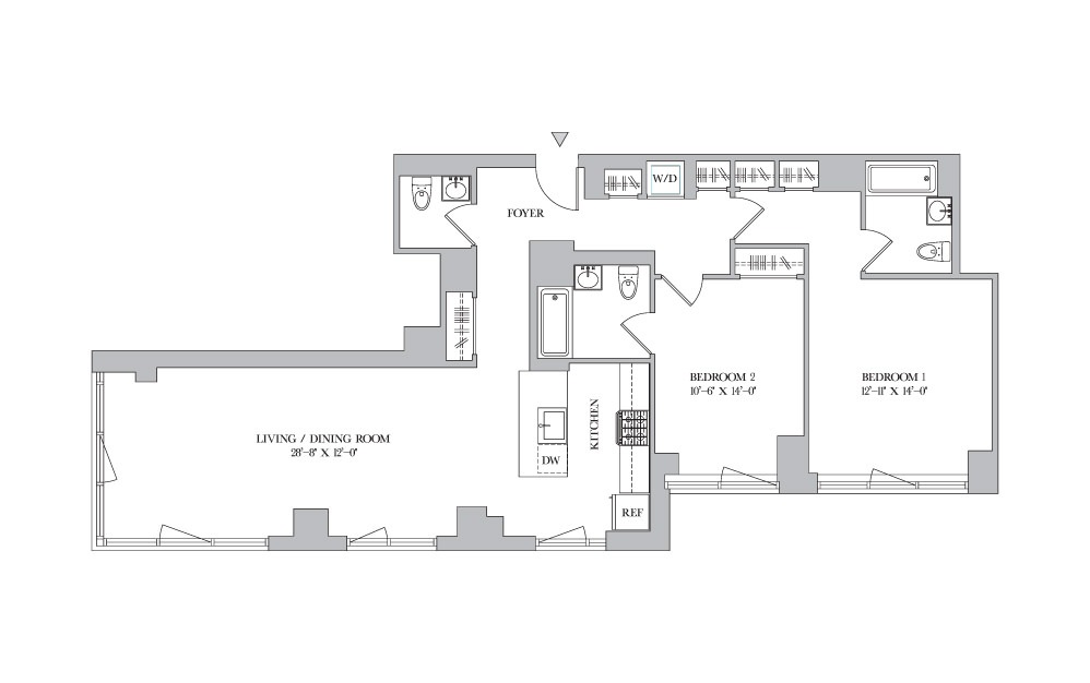 2B-1 - 2 bedroom floorplan layout with 2 baths