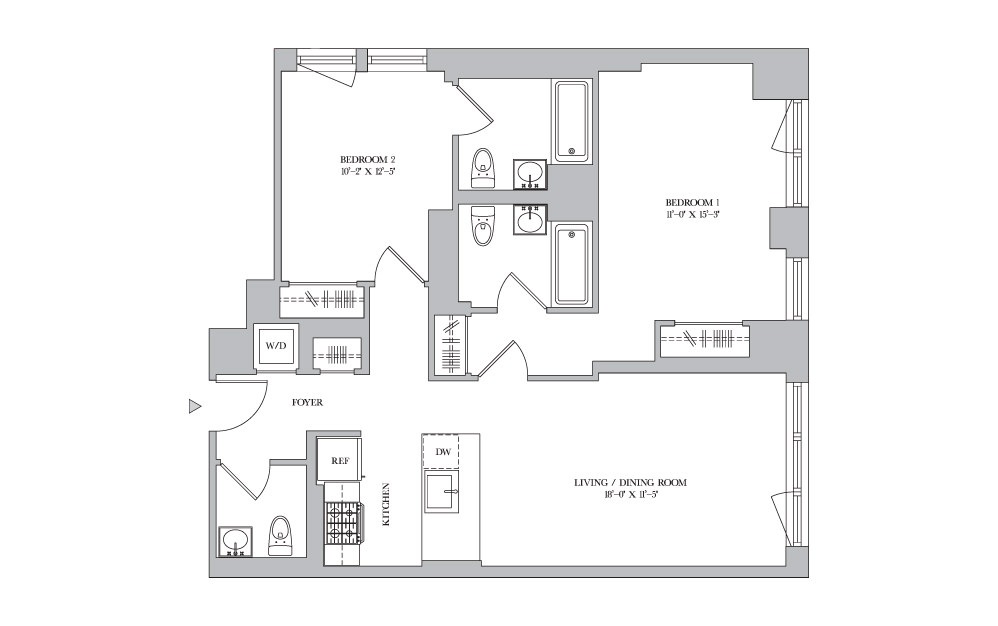 2B-3 - 2 bedroom floorplan layout with 2.5 baths
