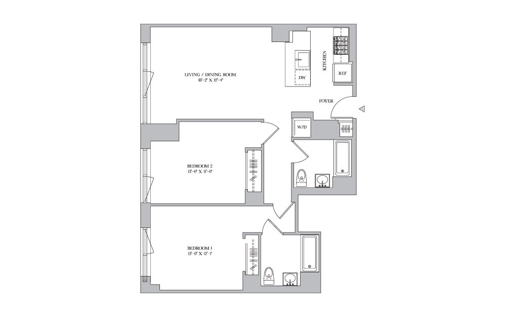 2B-4 - 2 bedroom floorplan layout with 2 baths