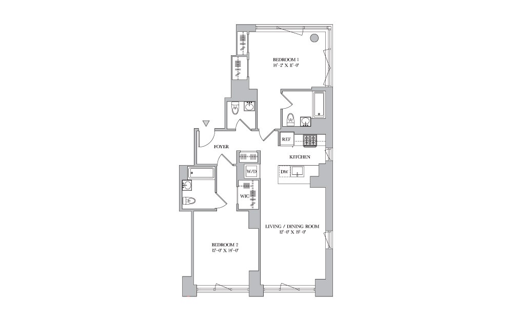2B-8 - 2 bedroom floorplan layout with 2.5 baths