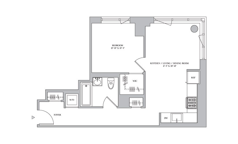 J 17-30 - 1 bedroom floorplan layout with 1 bathroom and 643 square feet