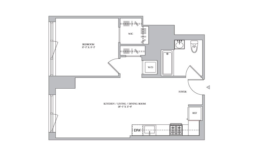 F 19-21 - 1 bedroom floorplan layout with 1 bathroom and 667 square feet