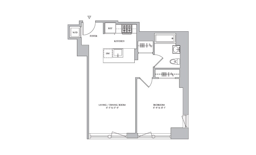 B 22-30 - 1 bedroom floorplan layout with 1 bathroom and 678 square feet