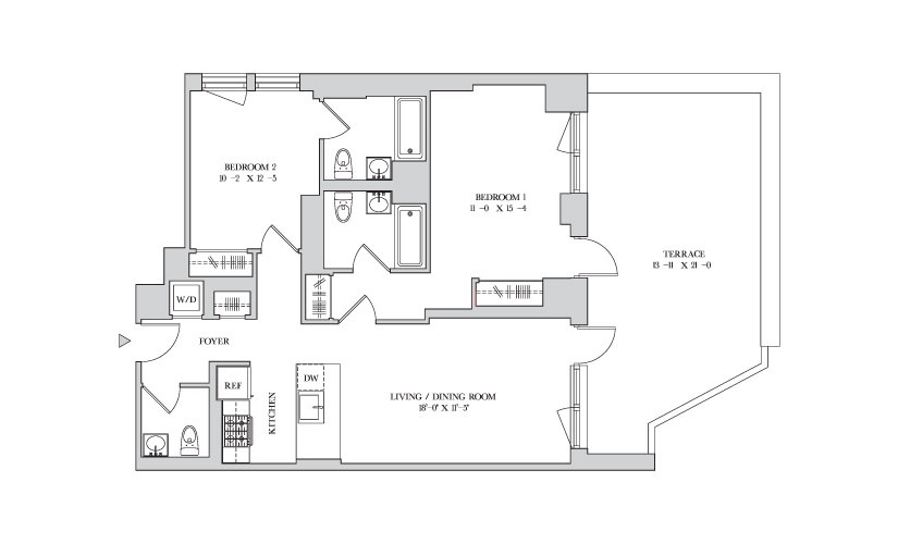 L 8 - 2 bedroom floorplan layout with 2.5 bathrooms and 1032 square feet