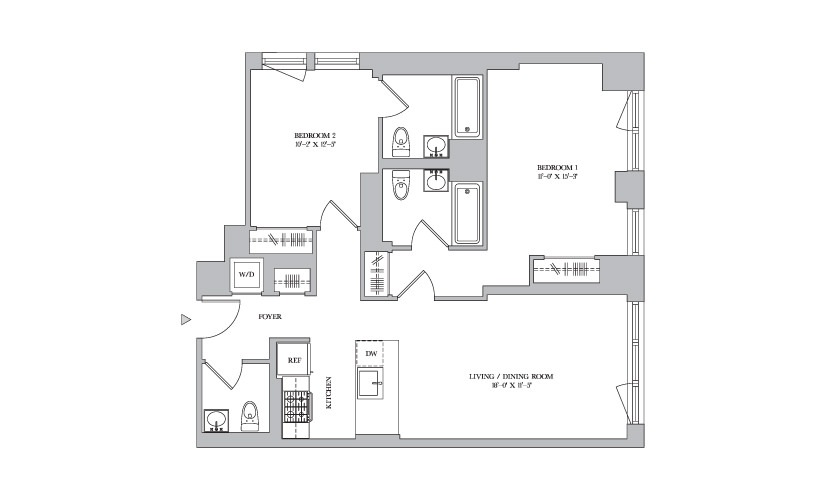 L 9-10 - 2 bedroom floorplan layout with 2.5 bathrooms and 1032 square feet