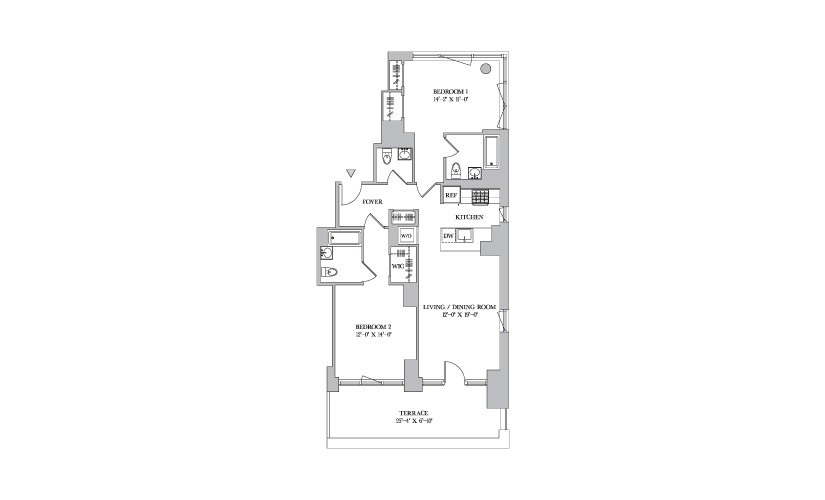 A PH2-3 - 2 bedroom floorplan layout with 2.5 bathrooms and 1189 square feet