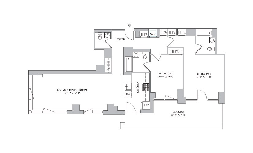 B PH1 - 2 bedroom floorplan layout with 2.5 bathrooms and 1303 square feet
