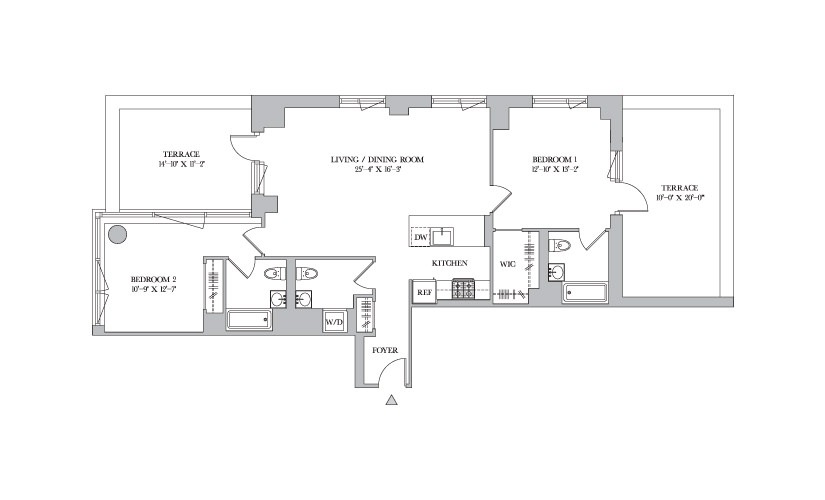D PH1 - 2 bedroom floorplan layout with 2.5 bathrooms and 1256 square feet