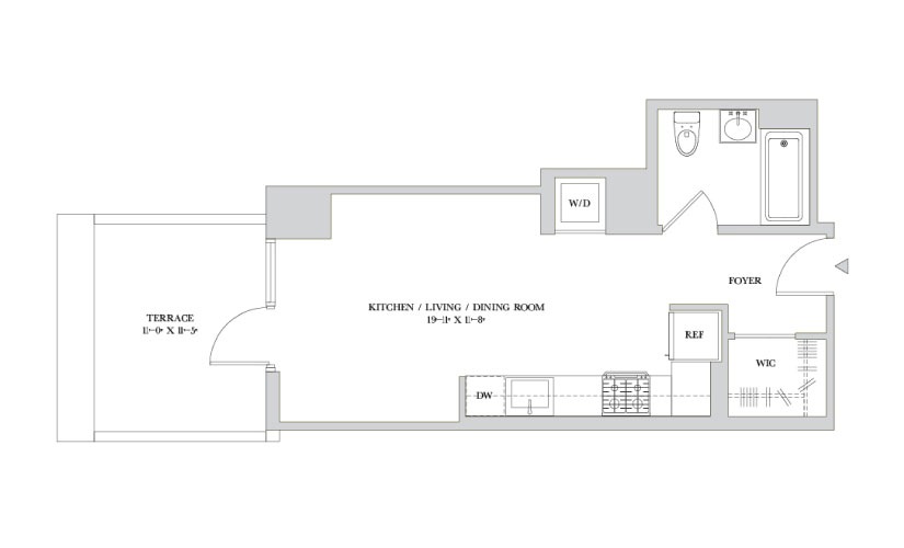 H 12 - Studio floorplan layout with 1 bathroom and 421 square feet
